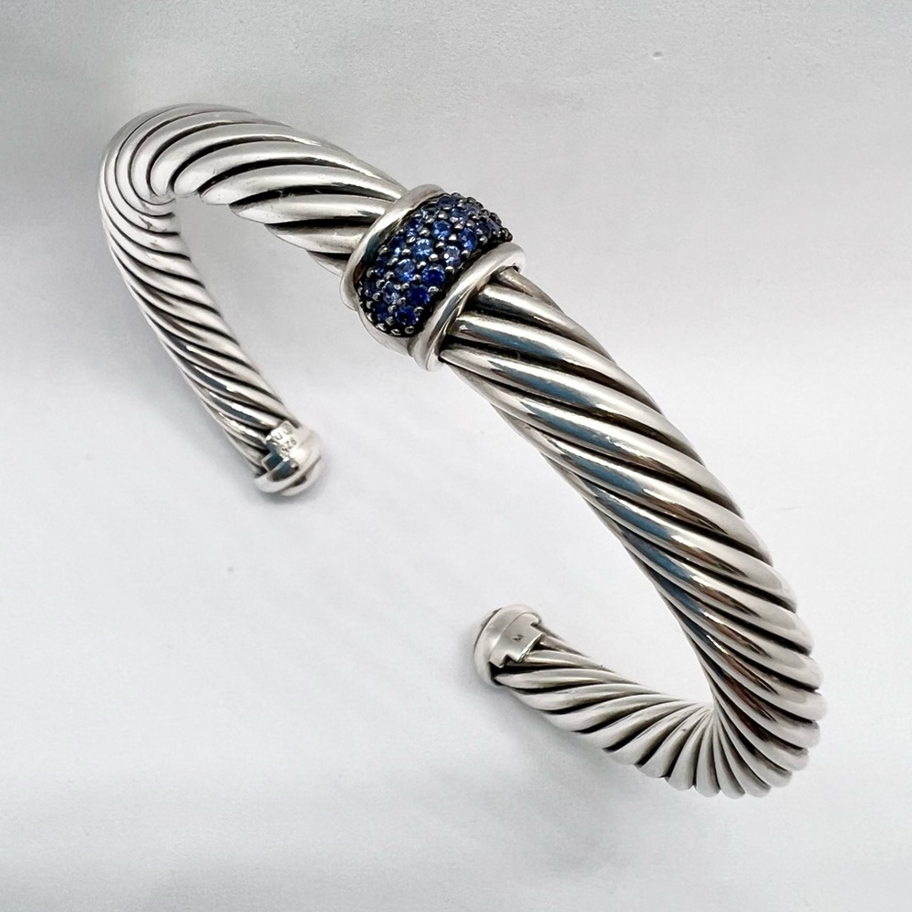 David Yurman Sterling Silver and Pave Blue Sapphire Station Bracelet - Picture 3 of 13